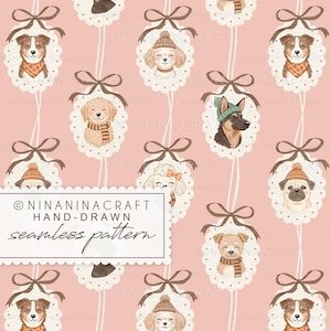 Dogs in Fall Cameo Seamless Pattern by NinaNinaCraft: Pale Peach Color (Digital Download)