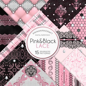 Rosa und Schwarze Spitze Nahtlose Muster, Elegante Digital Papers Pack von NinaNinaCraft, Stoff-Design, Damast, Wabe, Karo, Diamanten