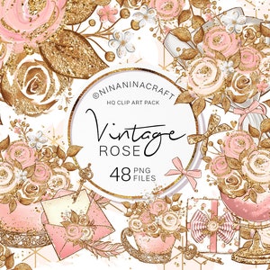 Vintage Rose Clip Art, Rose Gold Planner Aufkleber, Glitzer Rosen Clipart, Blush Floral, Hochzeit Chic, Blumen Blumenstrauß, Kranz, Messing, Pink