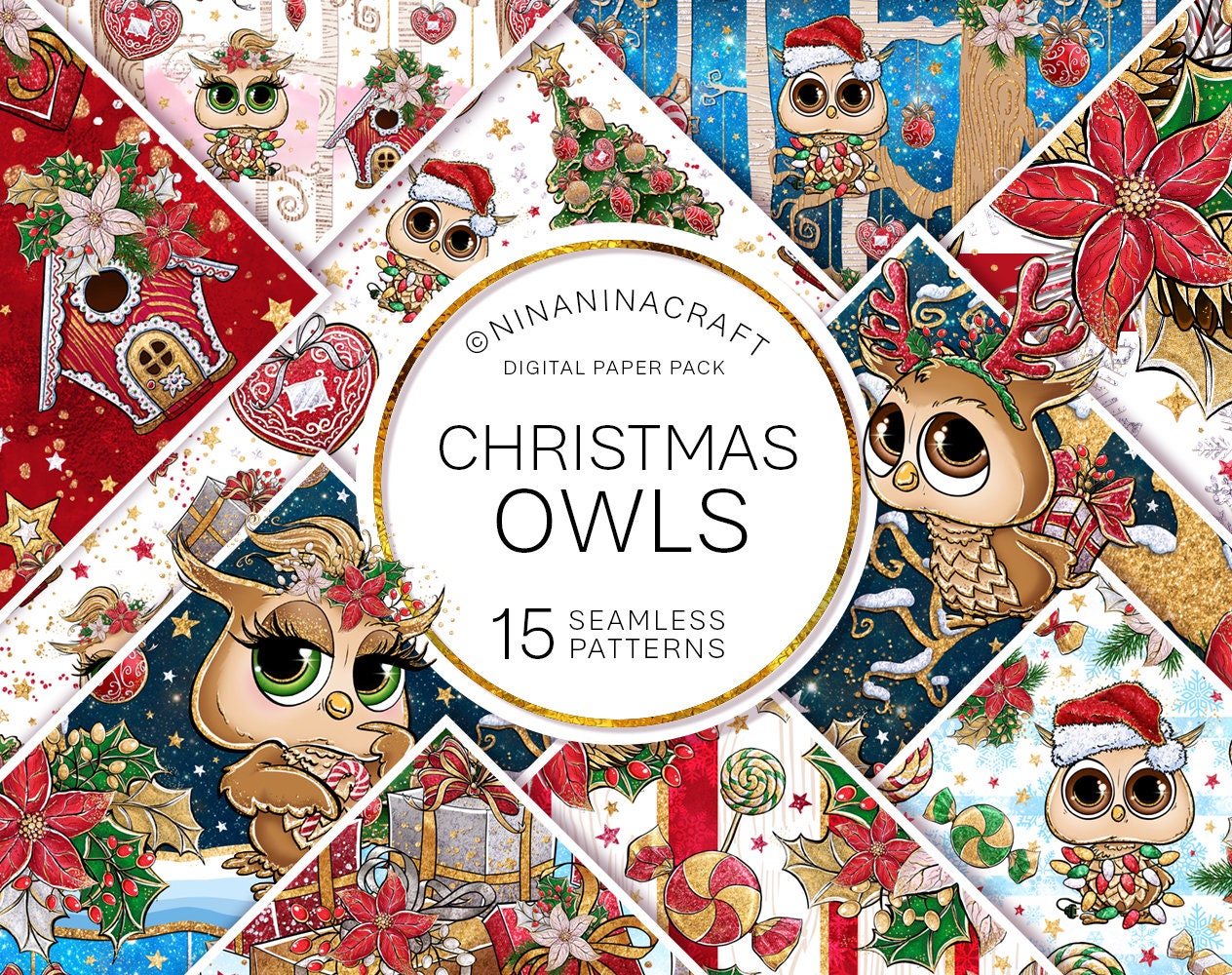 Cute Christmas Owls Digital Paper Pack, Glitter Seamless Patterns, Scrapbook, Xmas Fabric, Poinsettia, Tree, Decorations, Candy, Flowers