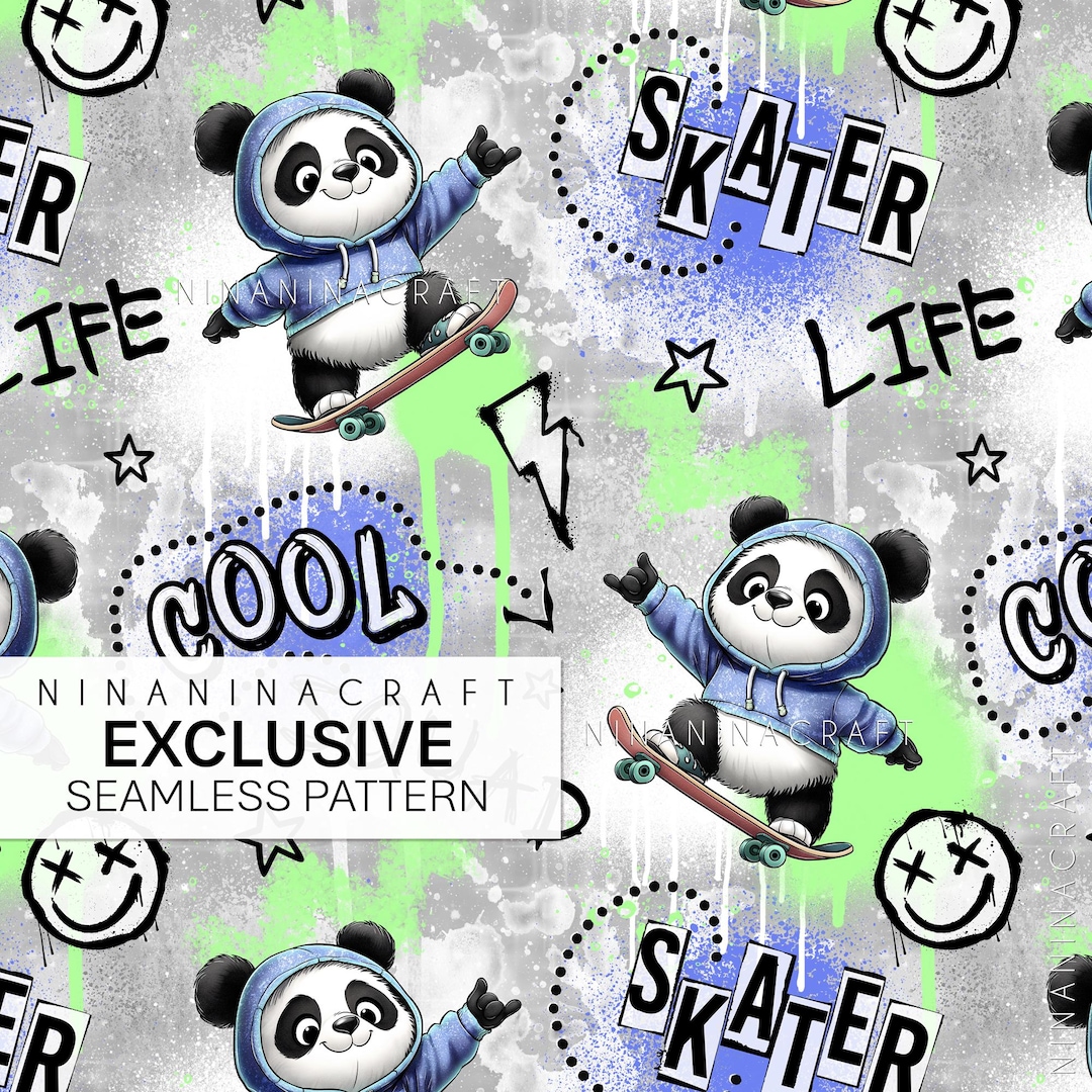 Exclusive Seamless Pattern Colorway, Panda Skater Fabric Design by Ninaninacraft, Exclusive ...