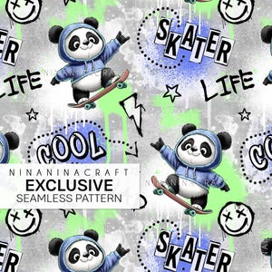 Diseño exclusivo de tela con estampado sin costuras, diseño de panda patinador de NinaNinaCraft, licencia comercial exclusiva, descarga digital, 03