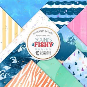 Pode incluir: Um pacote de papel digital com 18 padrões sem costura que apresentam uma variedade de designs com tema oceânico. Os padrões incluem ondas, peixes, corais, estrelas e muito mais. O pacote é intitulado "Sounds Fishy Basics" e foi projetado por Ninaninacraft.