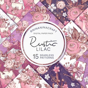15 Rustikale Flieder digitale Papiere, Blumen Rosen Muster, Scrapbook Papier, Planer Papier, Floral Chic, Rosen Stoff, Kupfer Glitzer
