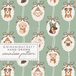 May include: A seamless pattern on a sage green background featuring repeating illustrations of various dog breeds wearing winter accessories, each framed in a scalloped white oval with a brown bow. Text reads: NINANINACRAFT HAND-DRAWN seamless pattern.