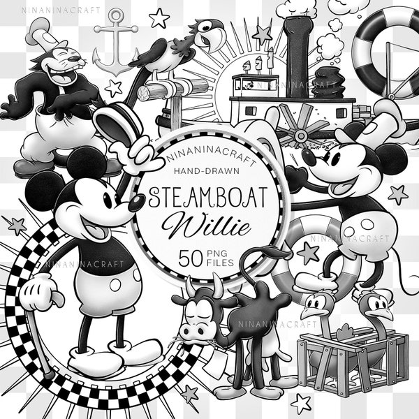 Steamboat Willie Clipart, Hand-drawn Nautical Clip Art PNG by NinaNinaCraft, Cartoon Planner Stickers, Sublimation Design, Boy Kids Design