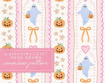 Pink Halloween Seamless Pattern by NinaNinaCraft: Vintage Spooky Ghosts, Pumpkins and Coquette Bows (Digital Download)