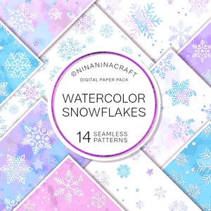 14 carte digitali con fiocchi di neve ad acquerello, motivo senza cuciture con neve glitterata, inverno iridescente, tessuto con cristalli di ghiaccio, pianificatore di album, scintillio,