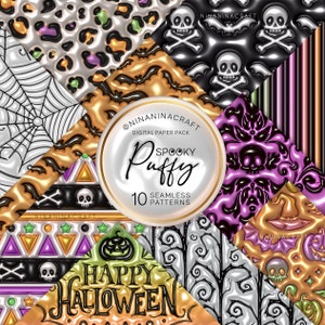 3D Aufgeblasenes Puff Halloween Seamless Pattern Pack, Bubble Puffy Wrap Digital Papers von NinaNinaCraft, Skulls, Cheetah, Pumpkin, Bundle, Bats