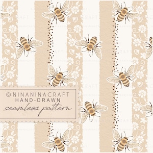 Puede incluir: Patrón sin costuras con rayas verticales beige y blancas. El diseño incluye ilustraciones detalladas de abejas, pequeñas flores blancas y líneas punteadas. También está presente el texto "NINANINACRAFT HAND-DRAWN seamless pattern".