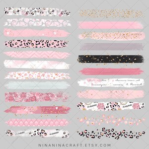 May include: A set of 20 digital brush stroke graphics in pink, gold, black, and white. The graphics feature leopard print, floral patterns, and geometric designs. The graphics are perfect for adding a touch of whimsy and elegance to your digital projects.