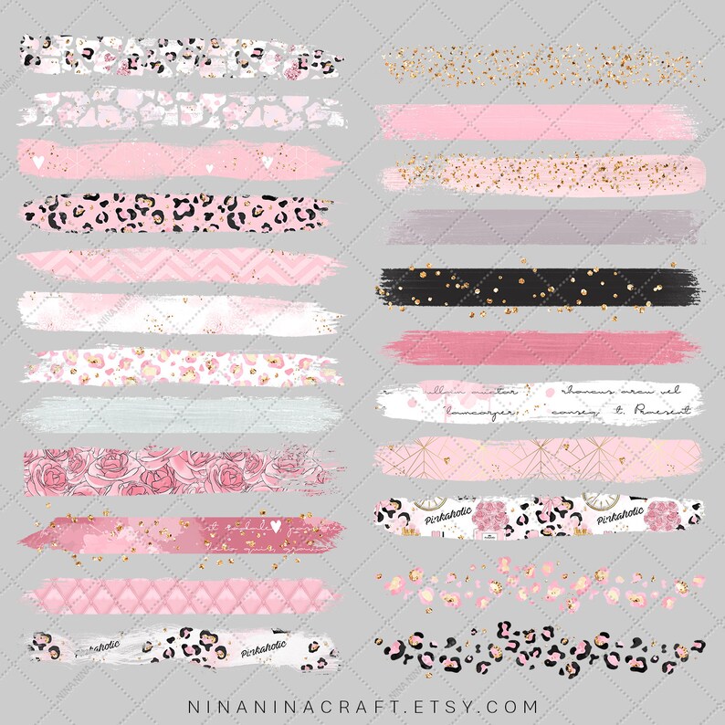 May include: A set of 20 digital brush stroke graphics in pink, gold, black, and white. The graphics feature leopard print, floral patterns, and geometric designs. The graphics are perfect for adding a touch of whimsy and elegance to your digital projects.