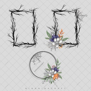 May include: Three black twig frames with spiderwebs and floral accents. The frames are square and round. The flowers are purple, white, orange, and green.