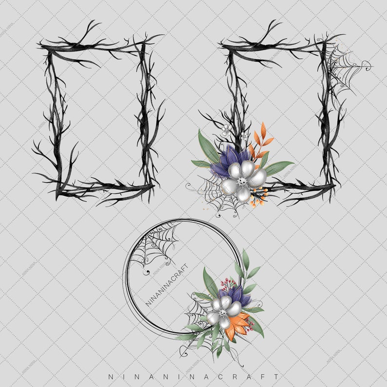 May include: Three black twig frames with spiderwebs and floral accents. The frames are square and round. The flowers are purple, white, orange, and green.