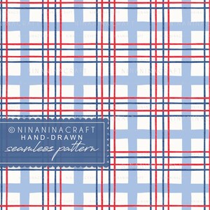 May include: A seamless pattern featuring a grid design with red and navy blue lines over a light blue and white background. The design includes the text "NINANINACRAFT HAND-DRAWN seamless pattern" in a blue rectangle.