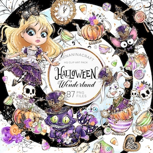 Halloween Wonderland Clip Art Pack, Digital Planner Stickers, Spooky Clipart, Cute Bat, Cat, Rabbit, Pumpkin, Caterpillar, Candy Corn, Skull