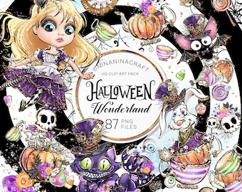 Halloween Wonderland Clip Art Pack, Digital Planner Stickers, Spooky Clipart, Cute Bat, Cat, Rabbit, Pumpkin, Caterpillar, Candy Corn, Skull