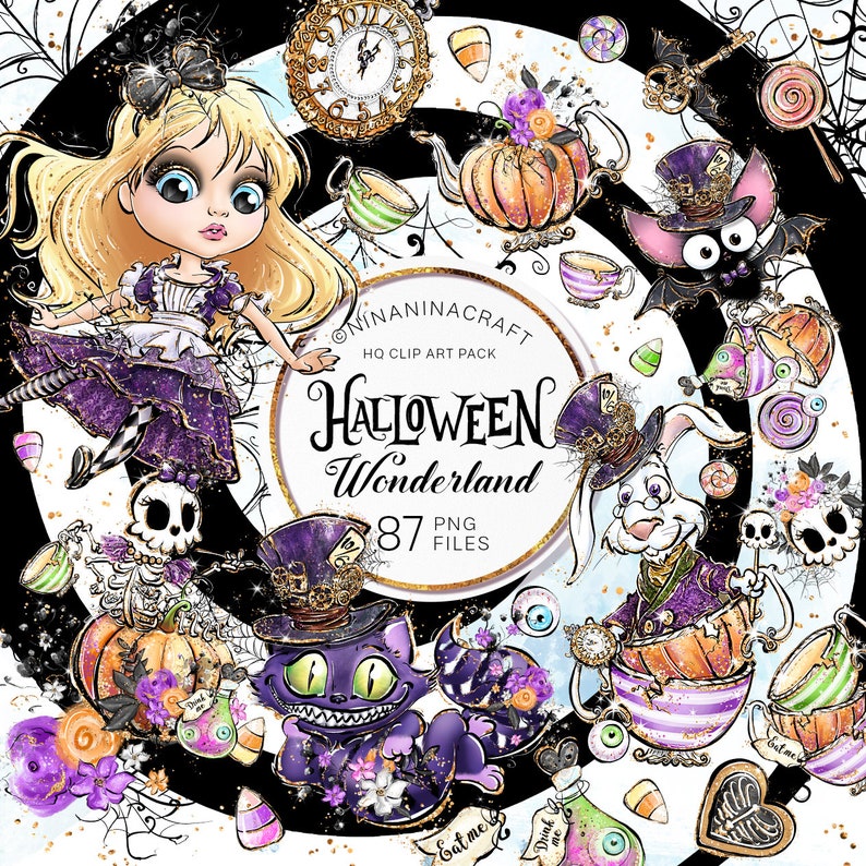 May include: A digital clip art pack featuring 87 Halloween themed images. The images include a purple and gold Alice in Wonderland character, a Cheshire cat, a Mad Hatter, a white rabbit, a skull, a pumpkin, and a bat. The text "HALLOWEEN Wonderland" is featured in the center of the image.