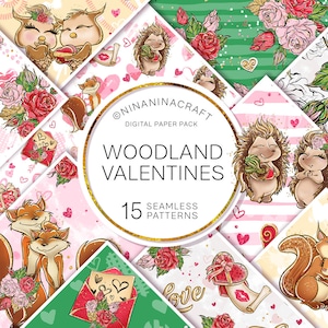 Papiers numériques animaux des bois, motifs sans couture pour la Saint-Valentin, tissu forestier mignon, hibou, écureuil, hérisson, renard, paillettes de papier Scrapbook