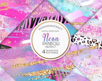 Abstract Neon Rainbow Digital Papers by NinaNinaCraft, Colorful Hot Pink Seamless Pattern, Abstract Brush Strokes, Animal Print, Glitter