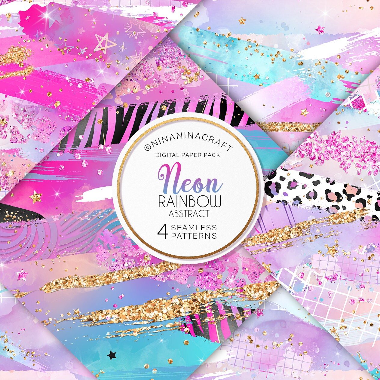 Abstract Neon Rainbow Digital Papers by NinaNinaCraft, Colorful Hot Pink Seamless Pattern, Abstract Brush Strokes, Animal Print, Glitter