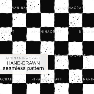 May include: Black and white checkered seamless pattern with a hand-drawn style. The pattern has a subtle speckled texture. The text "NINANINACRAFT HAND-DRAWN seamless pattern" is in a gold frame.