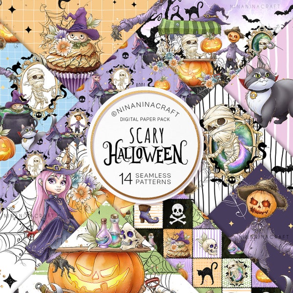 Pack de motifs sans couture d’Halloween mignon, papiers numériques effrayants par NinaNinaCraft, dessins de tissus, maman mignonne, sorcière, chat vampire, citrouille-lanterne