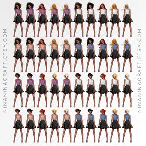 Pu&ograve; includere: Un'illustrazione digitale di 36 donne diverse che indossano gonne nere e top di vari colori. Le donne hanno diversi stili di capelli e tonalit&agrave; della pelle.
