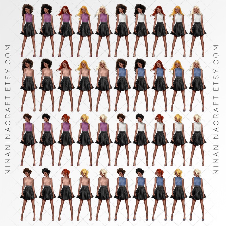 Pu&ograve; includere: Un'illustrazione digitale di 36 donne diverse che indossano gonne nere e top di vari colori. Le donne hanno diversi stili di capelli e tonalit&agrave; della pelle.