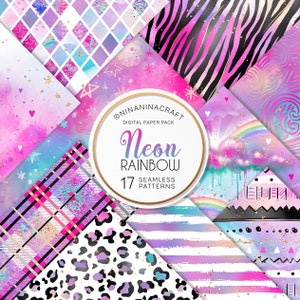 Papiery cyfrowe Neon Rainbow autorstwa NinaNinaCraft, kolorowe, gorące różowe wzory bez szwu, nadruk zwierzęcy, zebra, nadruk geparda, krata