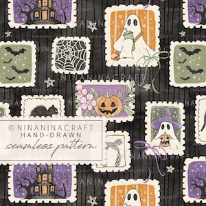 May include: A seamless pattern featuring rectangular postage stamp illustrations on a black background with thin vertical lines. Designs include a haunted house, a ghost with a drink, a spider web, a pumpkin, a black cat, and a ghost with a hat.