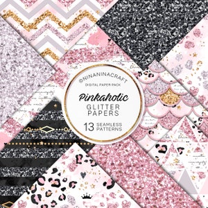 Paquete de papel digital Pink Glamour Glitter, patrones sin costuras con brillo bonito y femenino de NinaNinaCraft, Planificador, Oro de lujo, Rubor, Plata