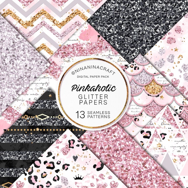 Pink Glamour Glitter Digital Paper Pack, Pretty and Girly Glitter Seamless Patterns by NinaNinaCraft, Planner, Luxury Gold, Blush, Silver