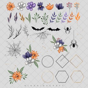 May include: A set of Halloween themed digital clipart featuring bats, spiders, cobwebs, flowers, and frames. The flowers are in shades of purple, orange, and white. The frames are in black and gold.