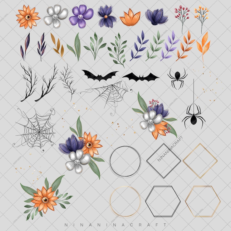 May include: A set of Halloween themed digital clipart featuring bats, spiders, cobwebs, flowers, and frames. The flowers are in shades of purple, orange, and white. The frames are in black and gold.