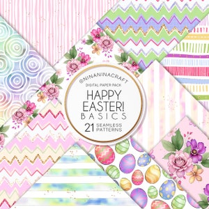 May include: A digital paper pack with 21 seamless patterns for Easter. The patterns include pink and white stripes, pastel chevron, floral designs, and Easter eggs. The text "Happy Easter! Basics 21 Seamless Patterns" is in a circle with a gold glitter background.