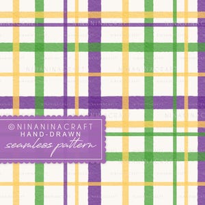 May include: A hand-drawn seamless pattern with a grid design. The pattern features intersecting lines in purple, green, and yellow on a cream background. The text "© NINANINACRAFT HAND-DRAWN seamless pattern" is in a purple rectangle.