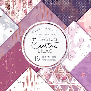 16 papeles digitales básicos de lila rústica, patrón sin costuras dorado dibujado a mano, paquete de papel de álbum de recortes, papel de planificador, floral chic, tela brillante