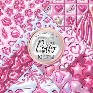 3D Aufgeblasenes Puff Seamless Pattern Pack, Rosa Puppe, Bubble Puffy Wrap Digital Papers von NinaNinaCraft, Palms, Hearts, Flowers, Beach