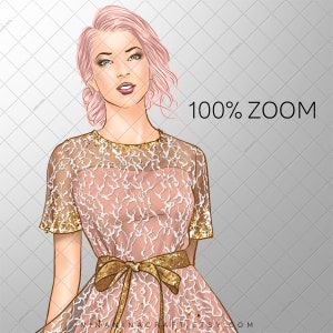May include: Illustration of a woman with pink hair wearing a pink dress with a gold lace overlay and a gold sequined belt. The text "100% ZOOM" is visible on the right side of the image. The bottom of the image includes the text "NANINACRAFT.ETSY.COM".