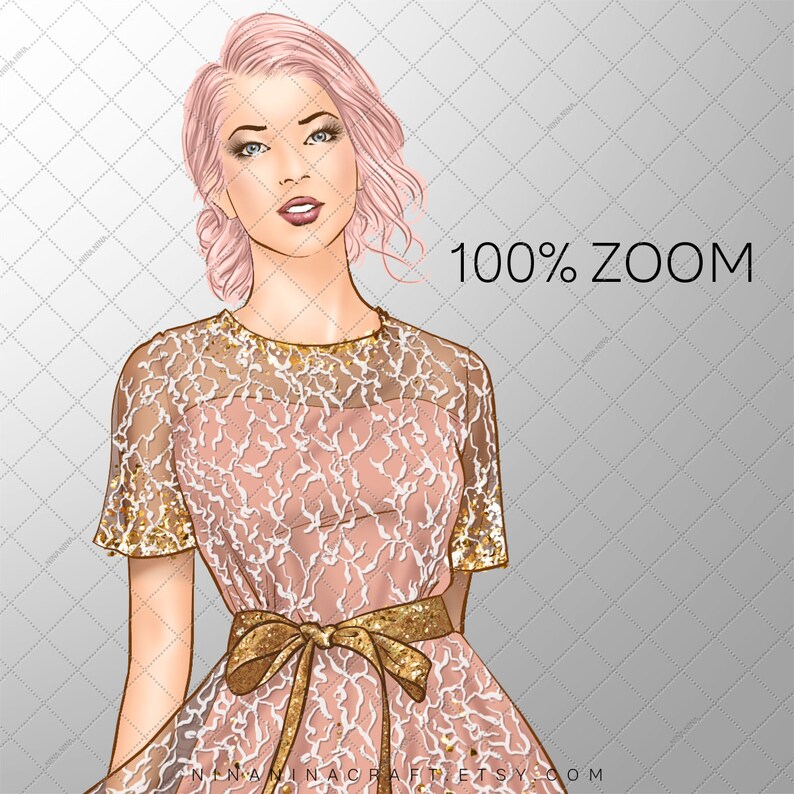 May include: Illustration of a woman with pink hair wearing a pink dress with a gold lace overlay and a gold sequined belt. The text "100% ZOOM" is visible on the right side of the image. The bottom of the image includes the text "NANINACRAFT.ETSY.COM".