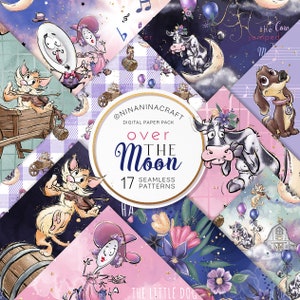 May include: A digital paper pack with 17 seamless patterns featuring whimsical illustrations of animals, musical notes, and a moon. The illustrations are in a watercolor style with a pink, purple, and blue color scheme. The text "over the moon" is featured in the center of the image.