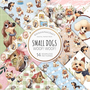 Dogs Digital Papers, Cute Puppy Seamless Patterns by NinaNinaCraft, Fabric Design, Pomeranian, Yorkshire Terrier, Dachshund, Poodle