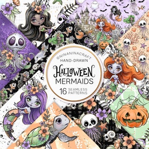 NinaNinaCraft, Modèles sans couture de sirènes d'Halloween, papier numérique, sirènes mignonnes scintillantes, tortue de mer, château, fournitures pour POD en tissu tête de mort