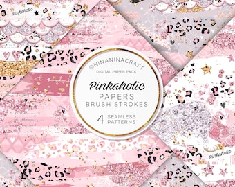 Pink Glamour Brush Strokes Seamless Patterns, Digital Papers with Glitter by NinaNinaCraft, JPG, Sparkles, Shine, Cute and Girly