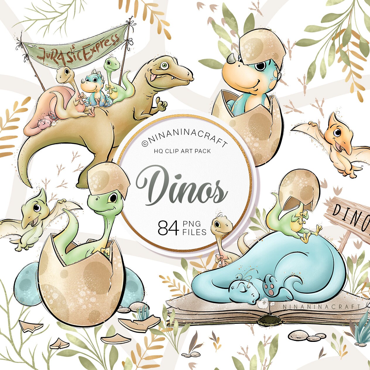 Cute Dino Clip Art Pack, Dinosaur Clipart Digital Planner Stickers by NinaNinaCraft, T-Rex, Pterodactyl, Paleontology Sublimation Prints