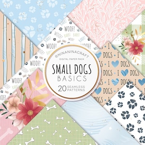 Hund Inspiriert Digitale Papiere, Koordinieren Nahtlose Muster von NinaNinaCraft, Stoffdesign, Karo, Pfoten, Blumen, Laub, Text Muster