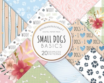 Dog Inspired Digital Papers, Coordinate Seamless Patterns by NinaNinaCraft, Fabric Design, Plaid, Paws, Flowers, Foliage, Text Pattern