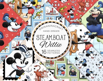 Sömlöst mönsterpaket med Steamboat Willie, handritade nautiska digitala papper av NinaNinaCraft, tygdesigner för pojkar, mönster för pojkar, sublimering