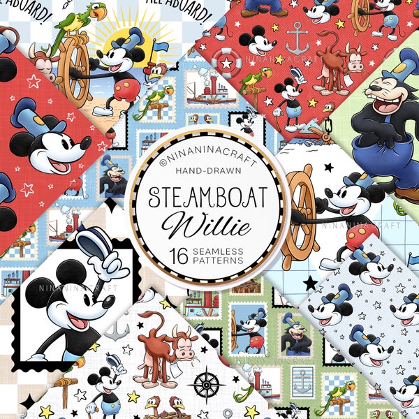 Pack de motifs sans couture Steamboat Willie, papiers numériques nautiques dessinés à la main par NinaNinaCraft, motifs de tissu pour garçon, motifs pour garçon, sublimation